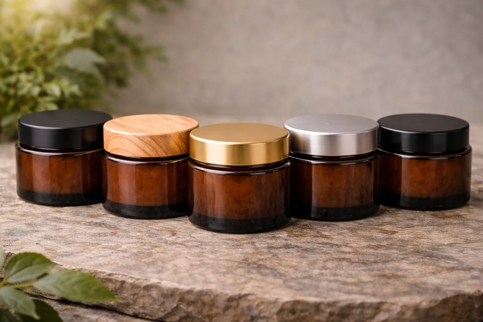 Lid Options for Amber Jars A variety of high-end lids (wood, matte black, gold) next to an amber glass jar