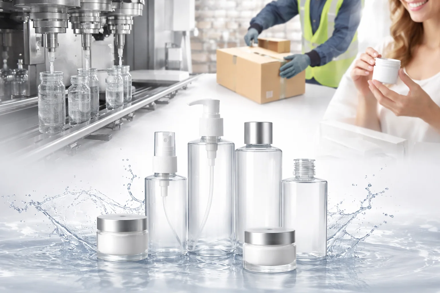 Cosmetic Packaging in Manufacturing cosmetic bottles on a factory conveyor belt