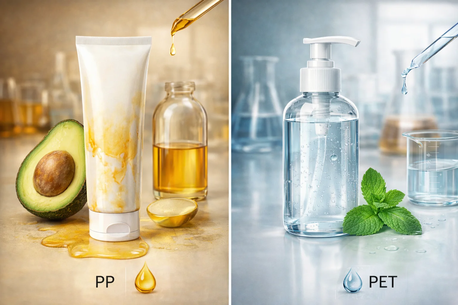 Cosmetic Compatibility Testing A lab technician testing the compatibility of a cosmetic formula with a plastic bottle