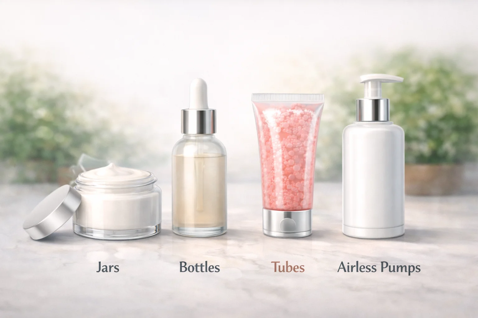 Common Cosmetic Packaging Types An array of common cosmetic packaging types like jars, bottles, and tubes