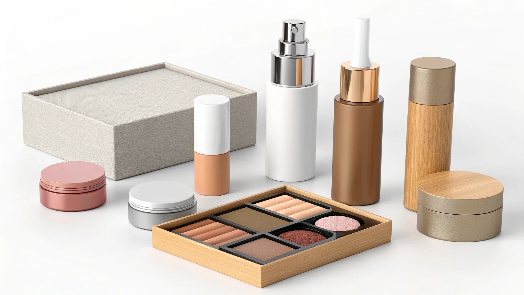 An exploded view of a cosmetic product showing the customizable parts: bottle, cap, pump, box, and insert