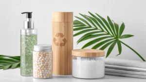 Eco-friendly bath products with a recycling symbol, featuring a pump bottle, jars, and bamboo accents, alongside green palm leaves.
