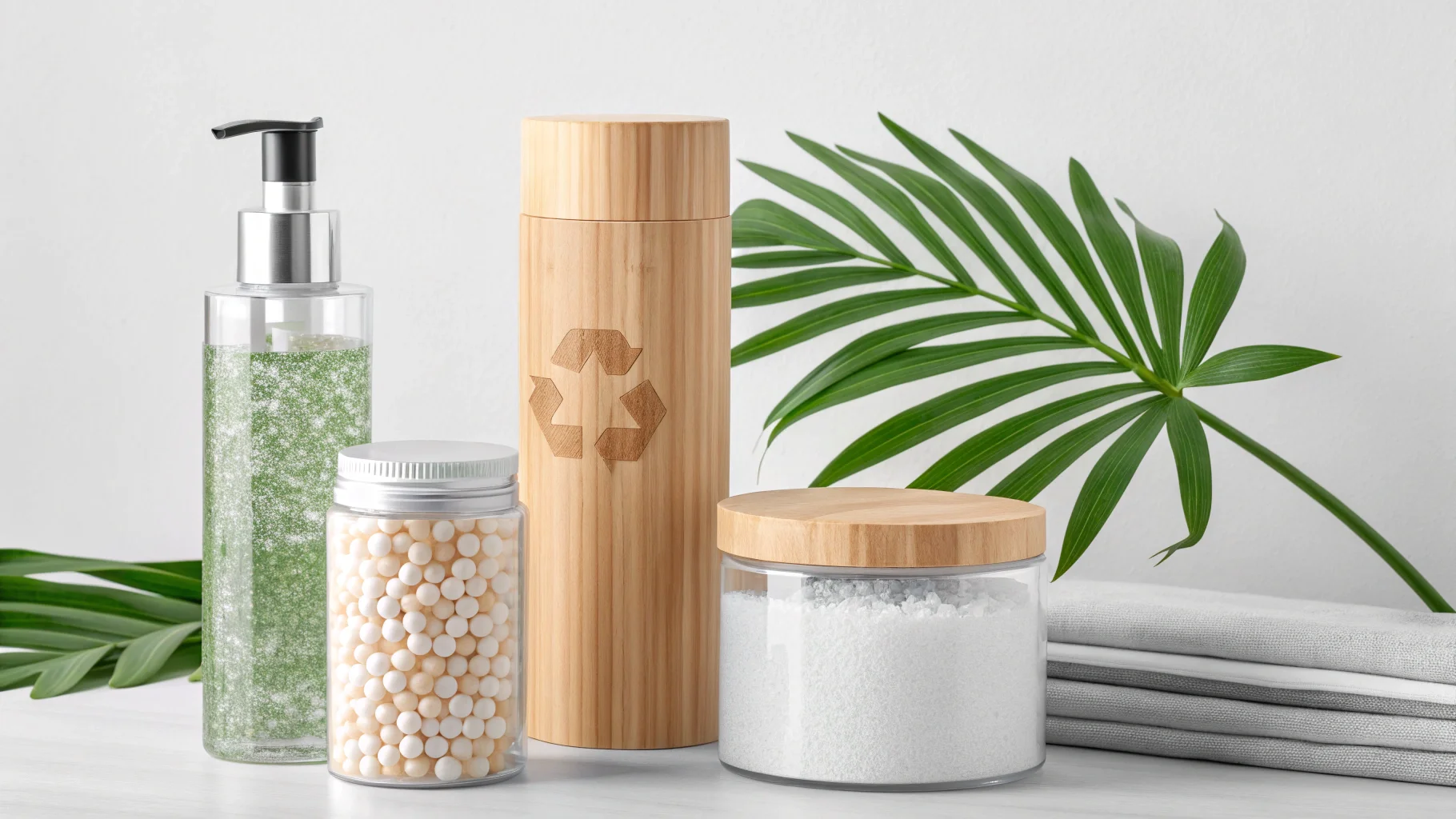 Eco-friendly bath products with a recycling symbol, featuring a pump bottle, jars, and bamboo accents, alongside green palm leaves.