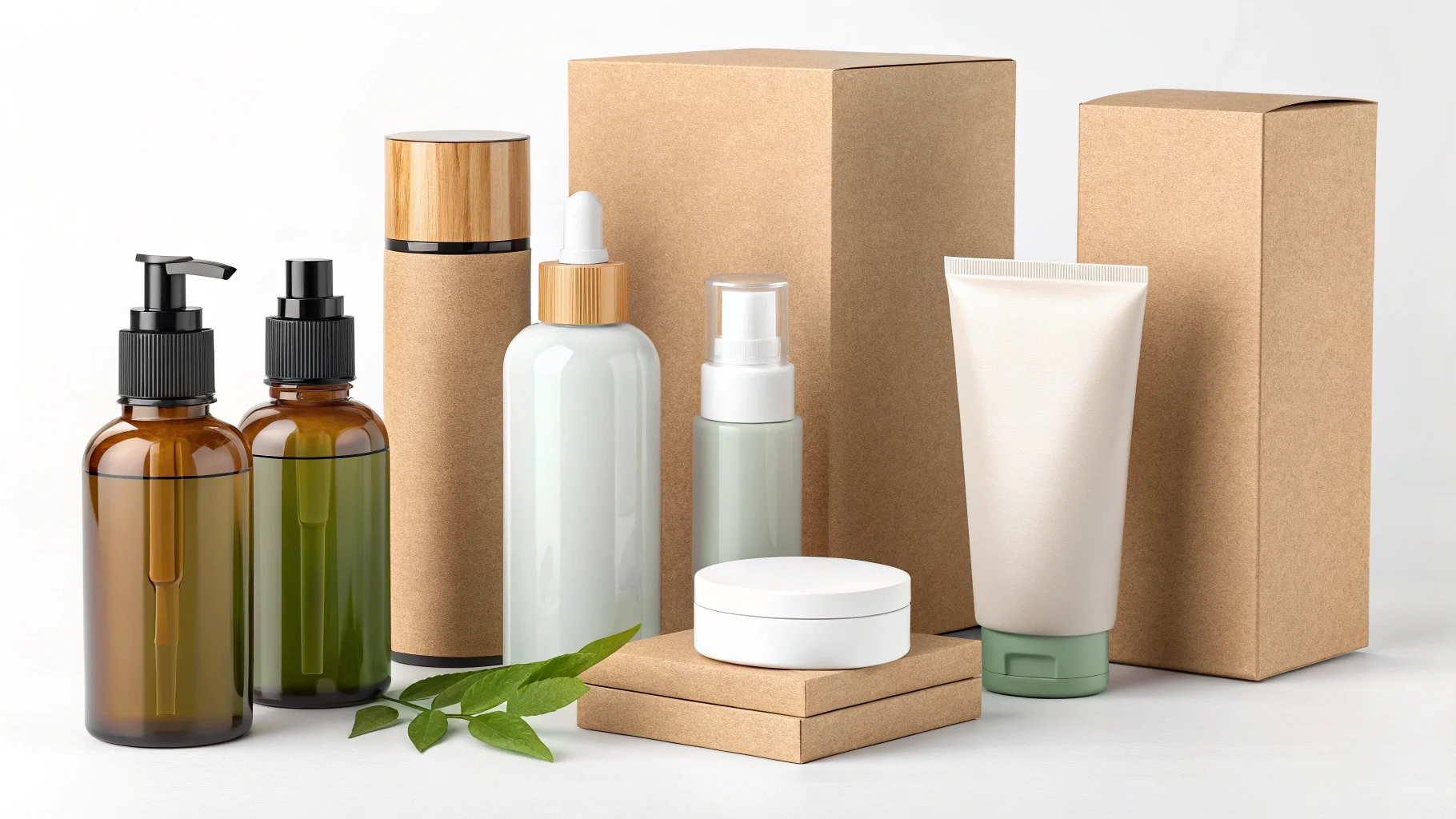 A display of various packaging materials like glass, plastic, aluminum, and paperboard