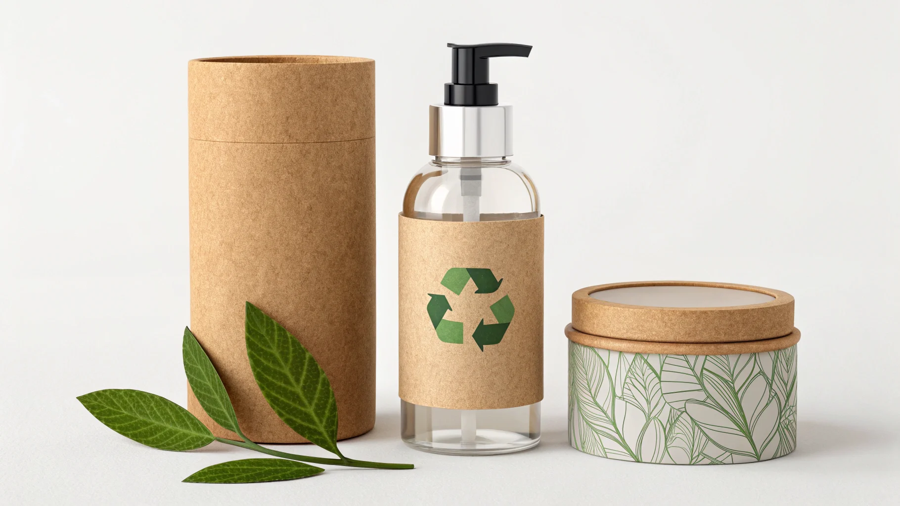 a refillable skincare bottle next to a minimalist recycled cardboard box