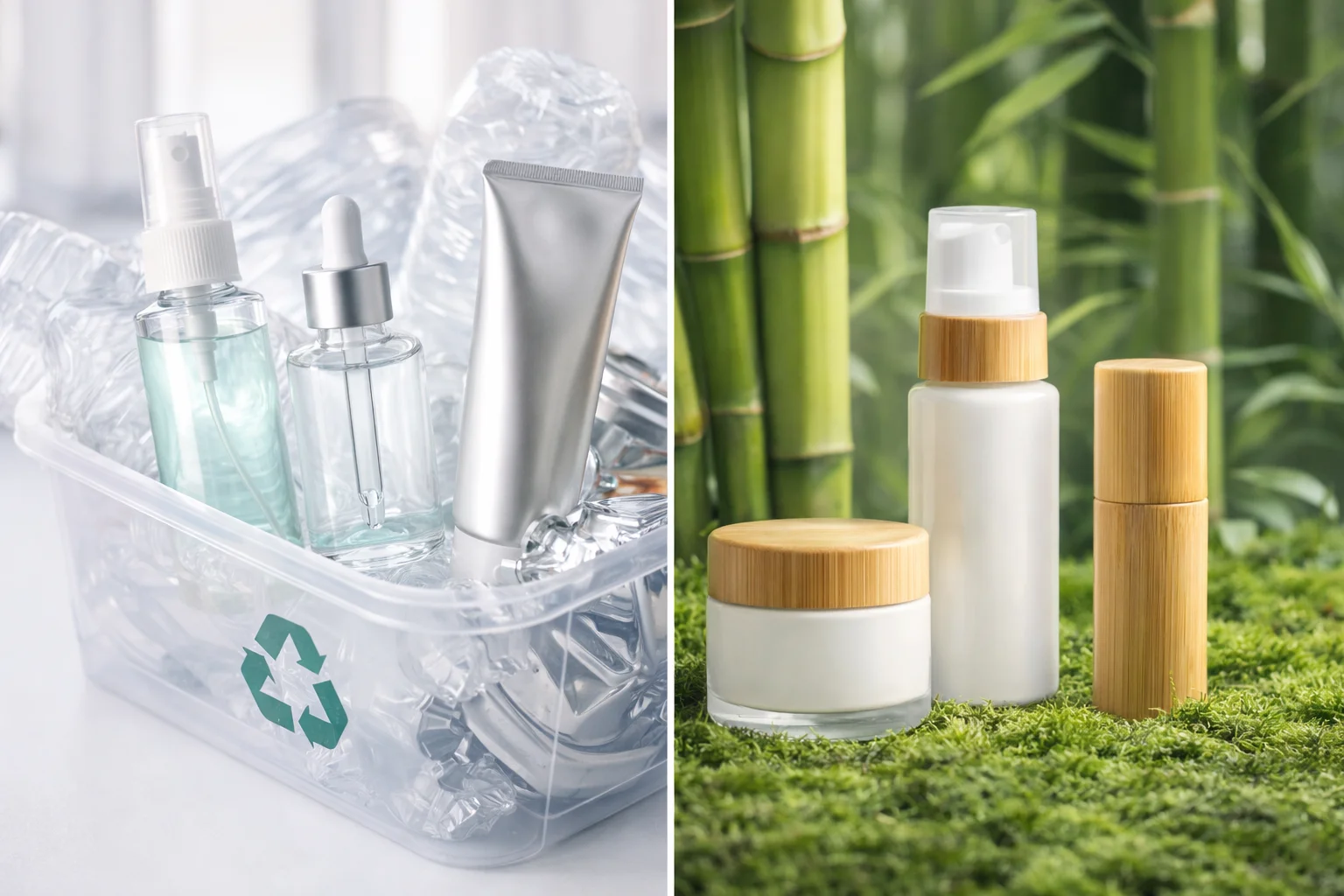 Sustainable Cosmetic Packaging a hand holding a recyclable PET plastic bottle