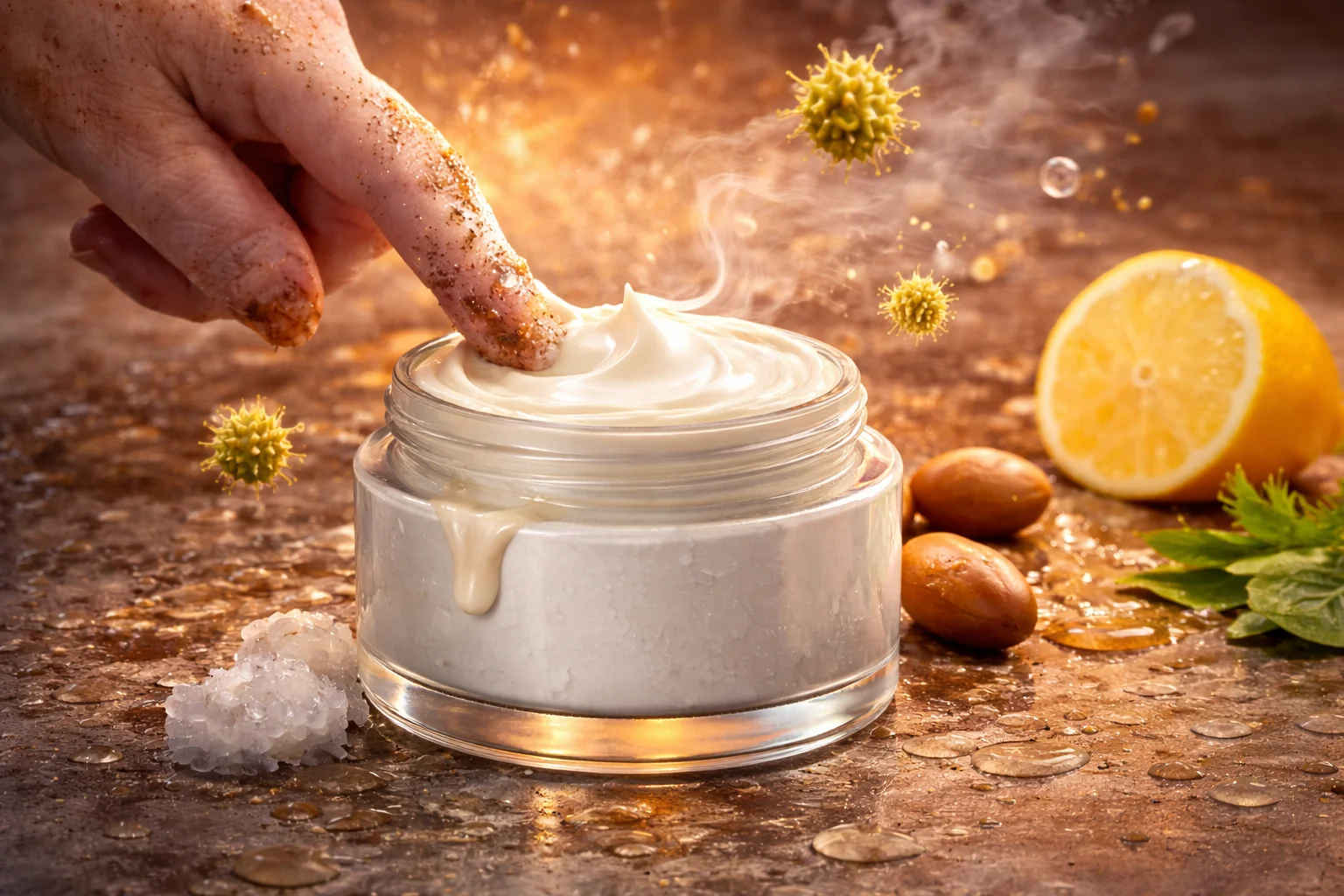 Contamination Risk in Jar Packaging a finger dipping into a cream jar