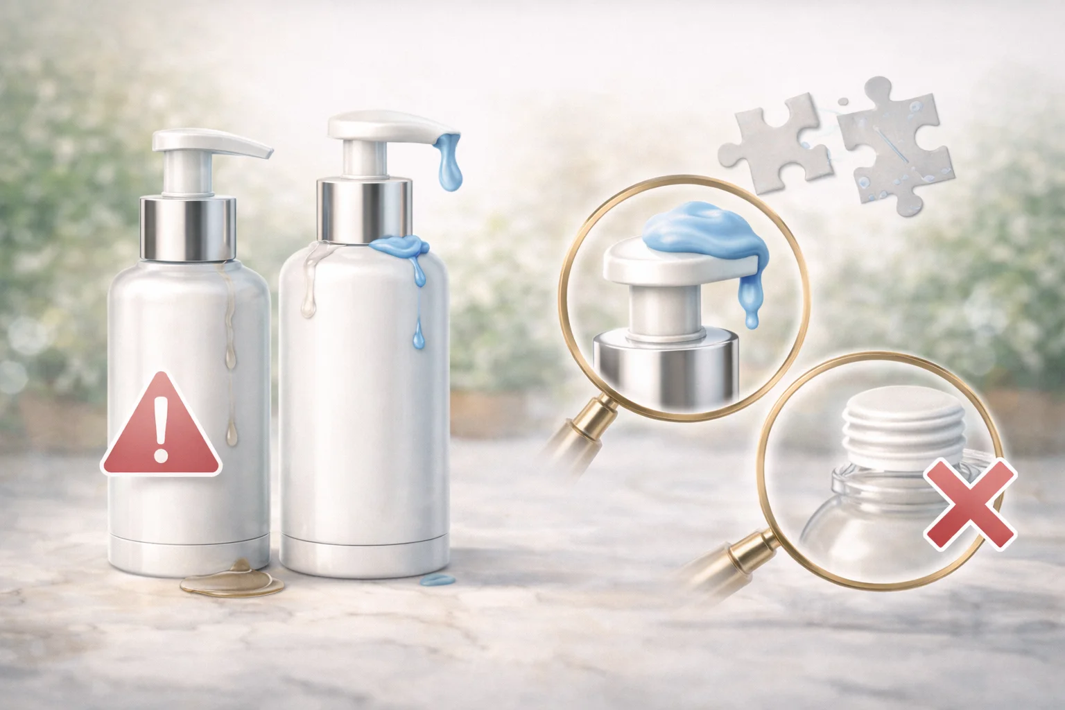 Cosmetic Pumps and Closures Close-up of different pumps, caps, and closures