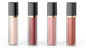 Four lip gloss containers in varying shades from light to dark pink, each with a sleek black cap and transparent tube.