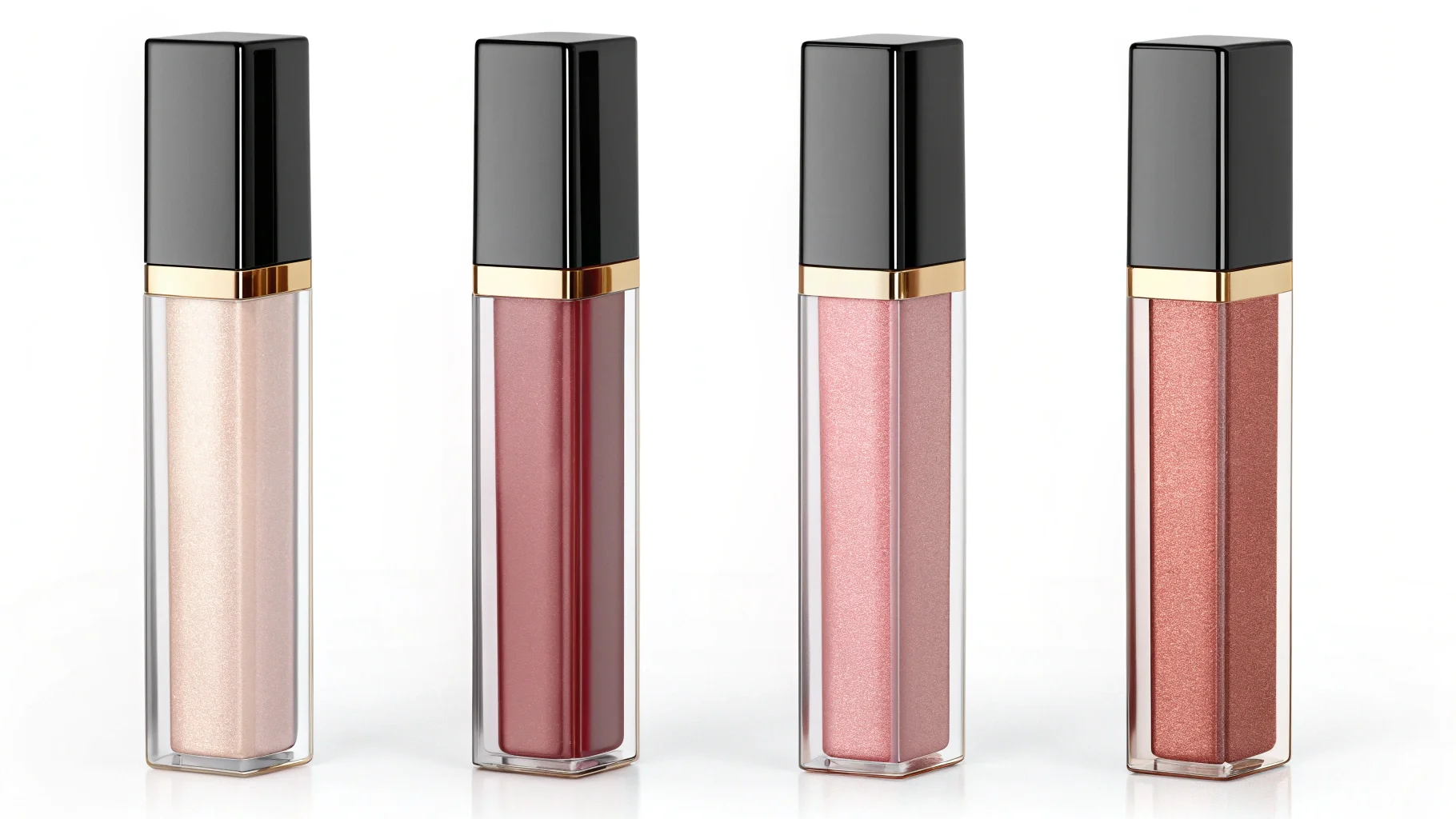 Four lip gloss containers in varying shades from light to dark pink, each with a sleek black cap and transparent tube.