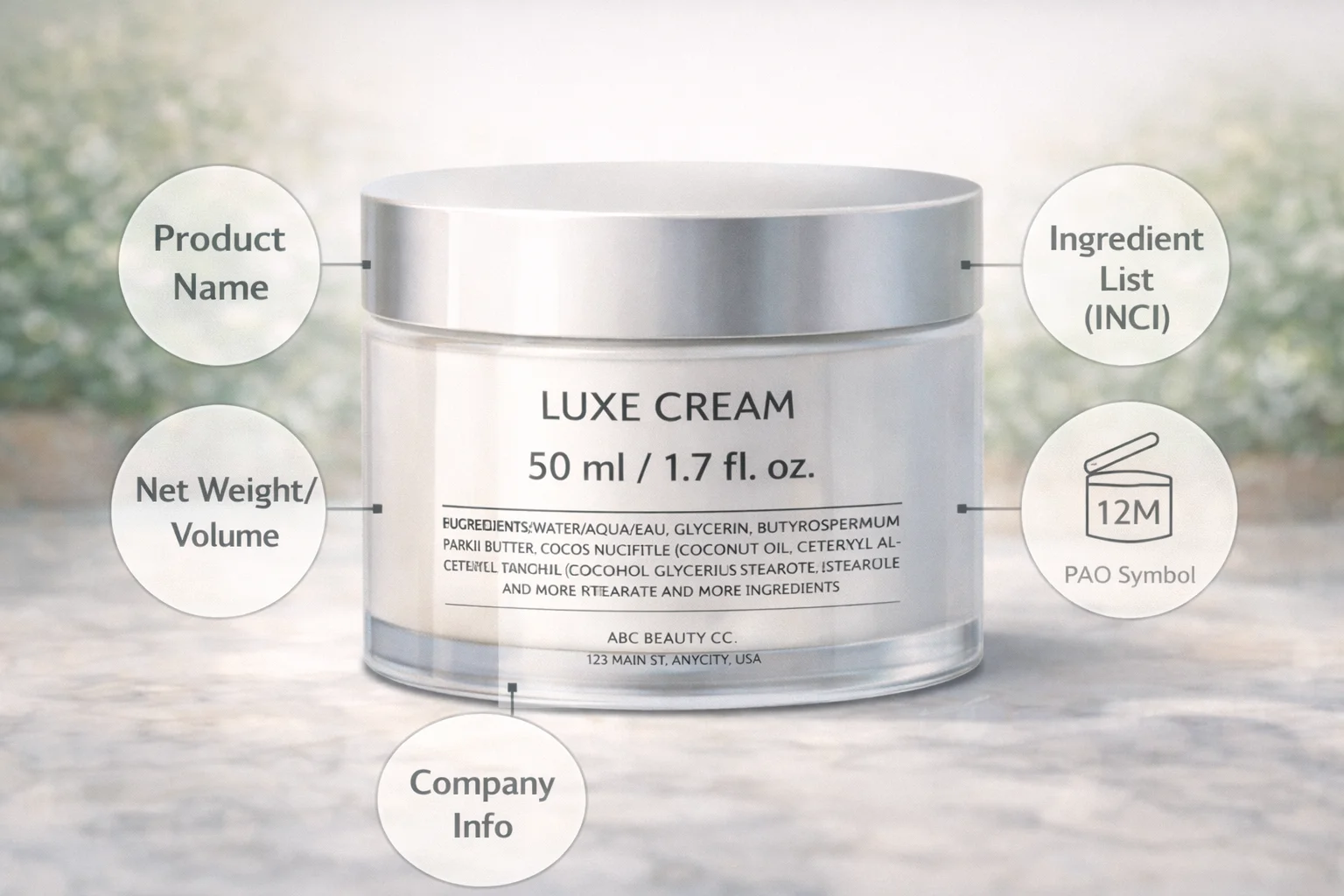 Cosmetic Labeling Compliance A cosmetic label showing compliance symbols and information