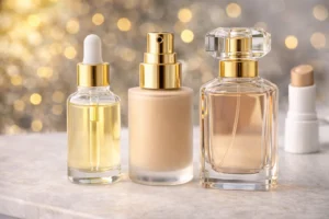 Elegant display of luxury cosmetic bottles including a dropper bottle, spray bottle, and perfume bottle with gold details.