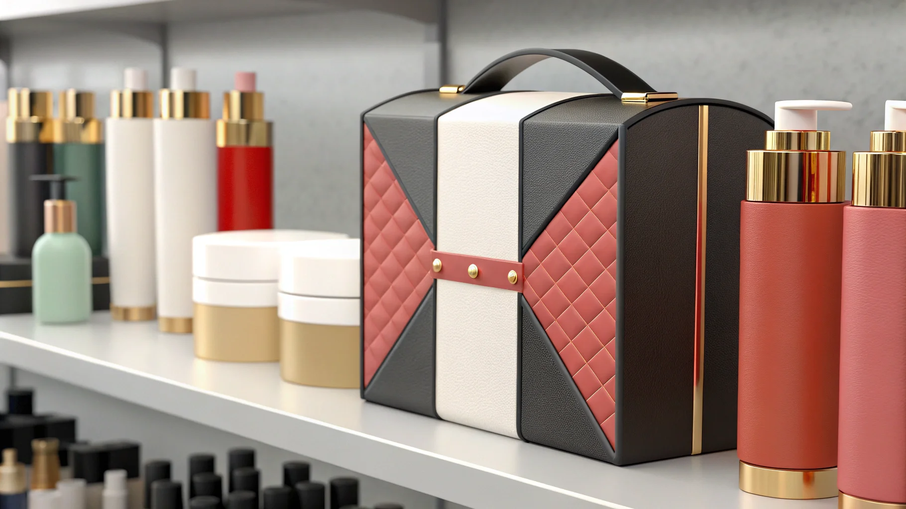 A uniquely shaped cosmetic bottle on a plain background