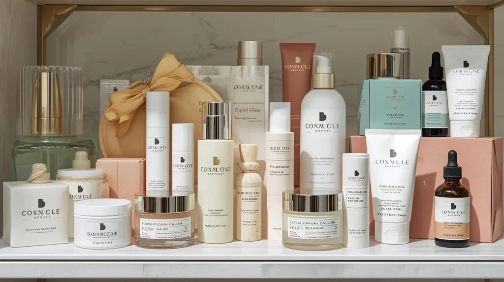 Collection of assorted luxury skincare products on a shelf, featuring bottles, jars, and tubes with various packaging designs.