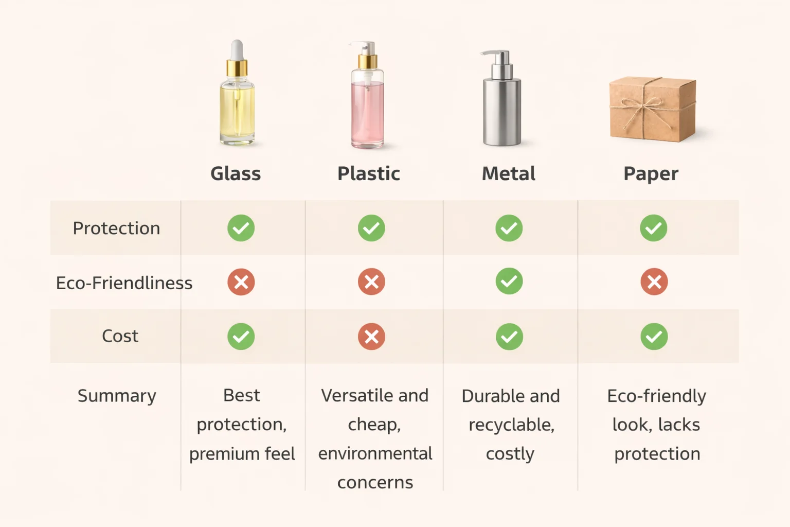 Comparison chart of cosmetic packaging materials