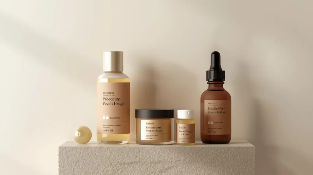 Minimalist skincare product bottles and containers displayed on a textured surface, against a neutral beige background.