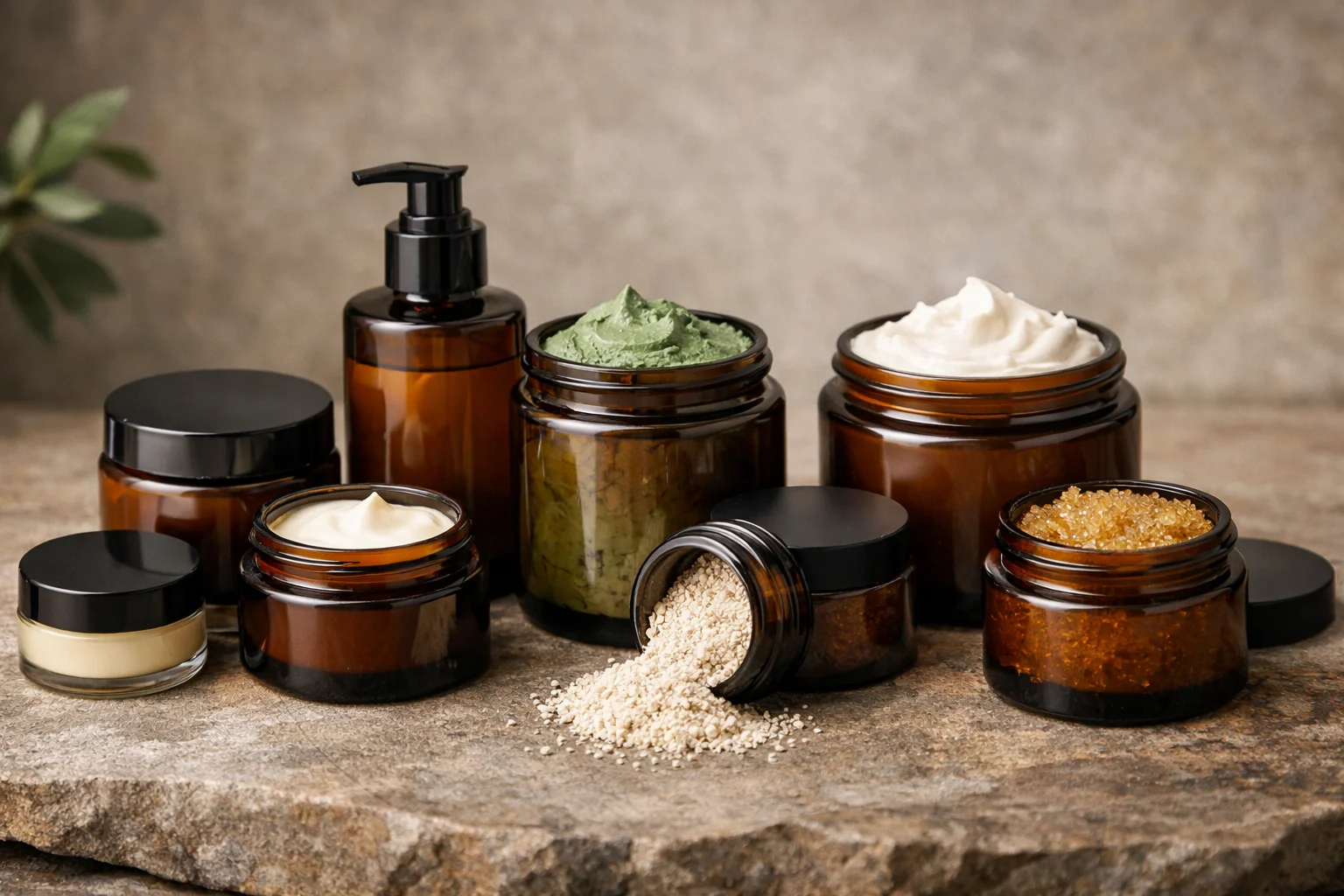 Modern Uses for Amber Glass Jars An array of modern skincare products in amber glass jars on a minimalist background