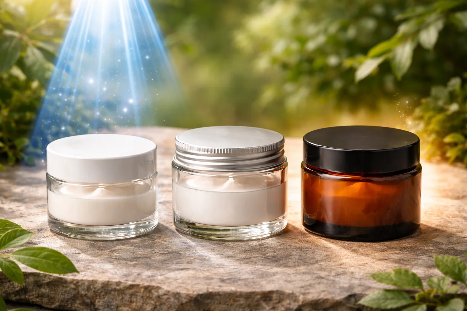 Amber vs Clear vs Plastic Jars A side-by-side comparison of an amber jar, a clear jar, and a plastic jar