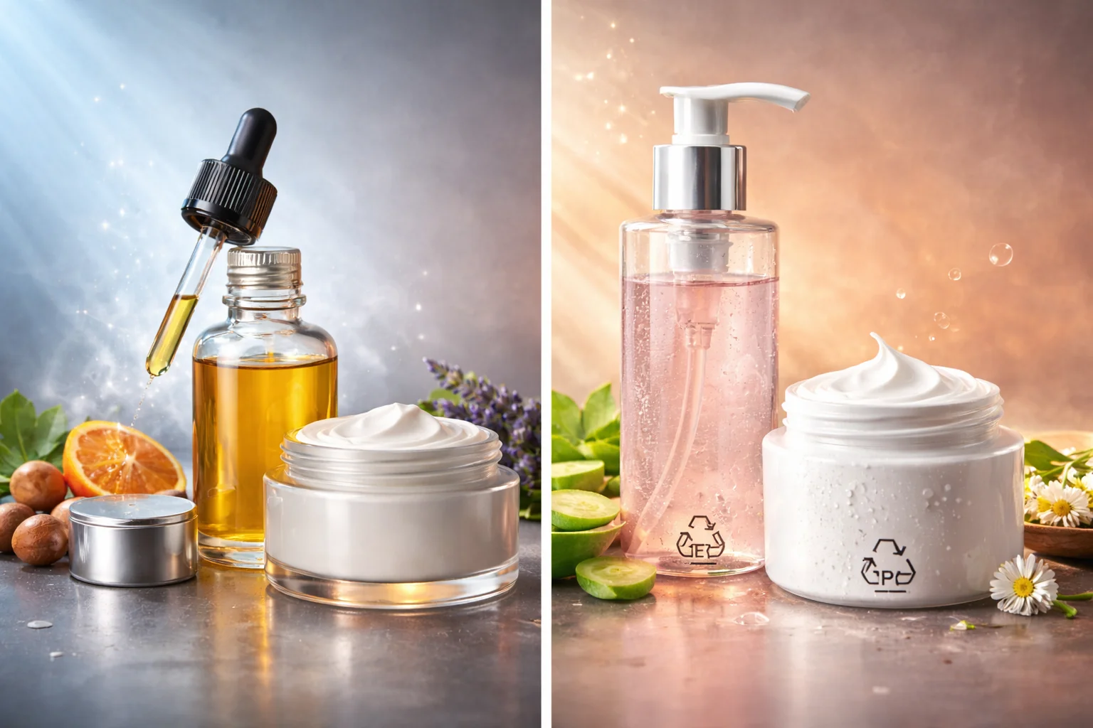 Glass vs Plastic Cosmetic Containers Glass vs plastic cosmetic bottles side by side