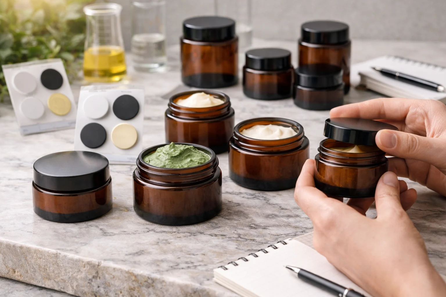 Customize Amber Jars for Your Brand A mood board showing a brand's vision with amber jars, lids, and product textures