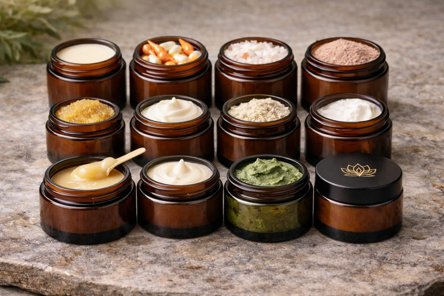 12 Uses for Amber Glass Jars A flat lay of 12 different products all packaged in amber glass jars