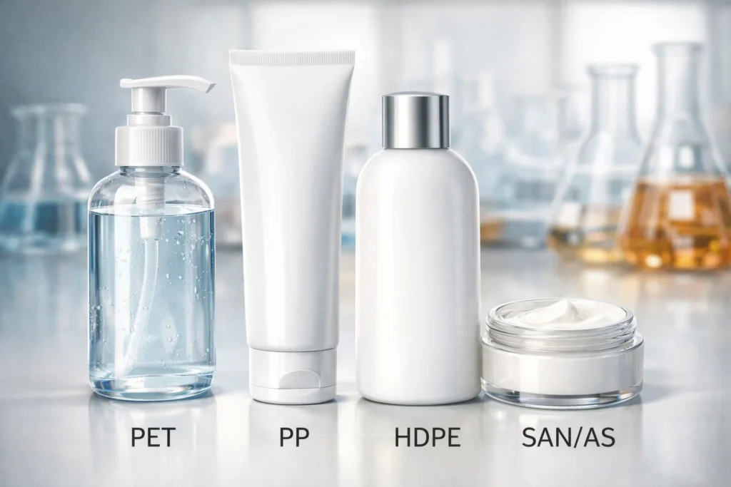Four different plastic packaging types labeled PET, PP, HDPE, SAN/AS in a laboratory setting with beakers in the background.
