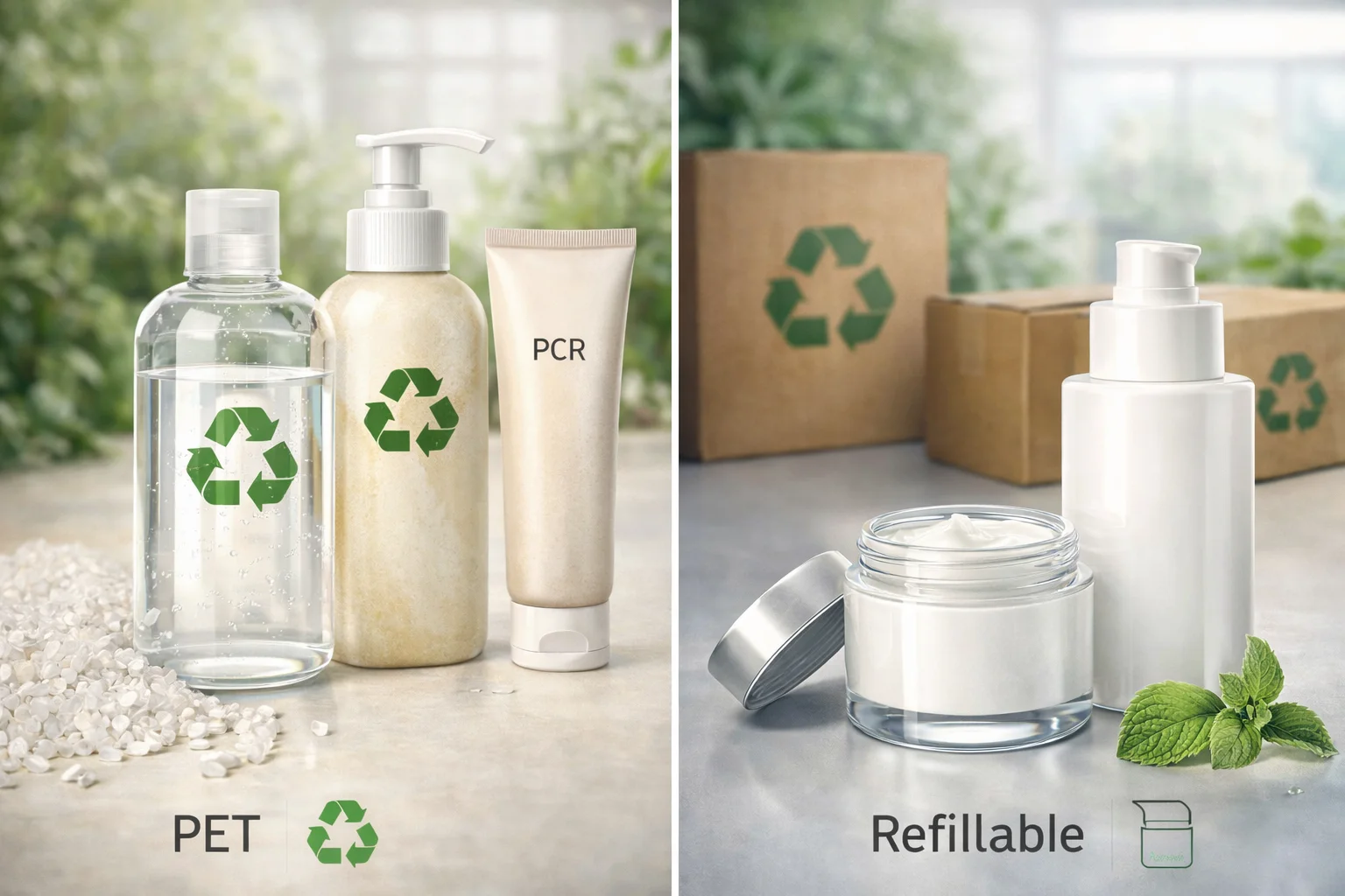 Sustainable Plastic Cosmetic Packaging Recycling symbol on a plastic cosmetic bottle with green leaves in the background