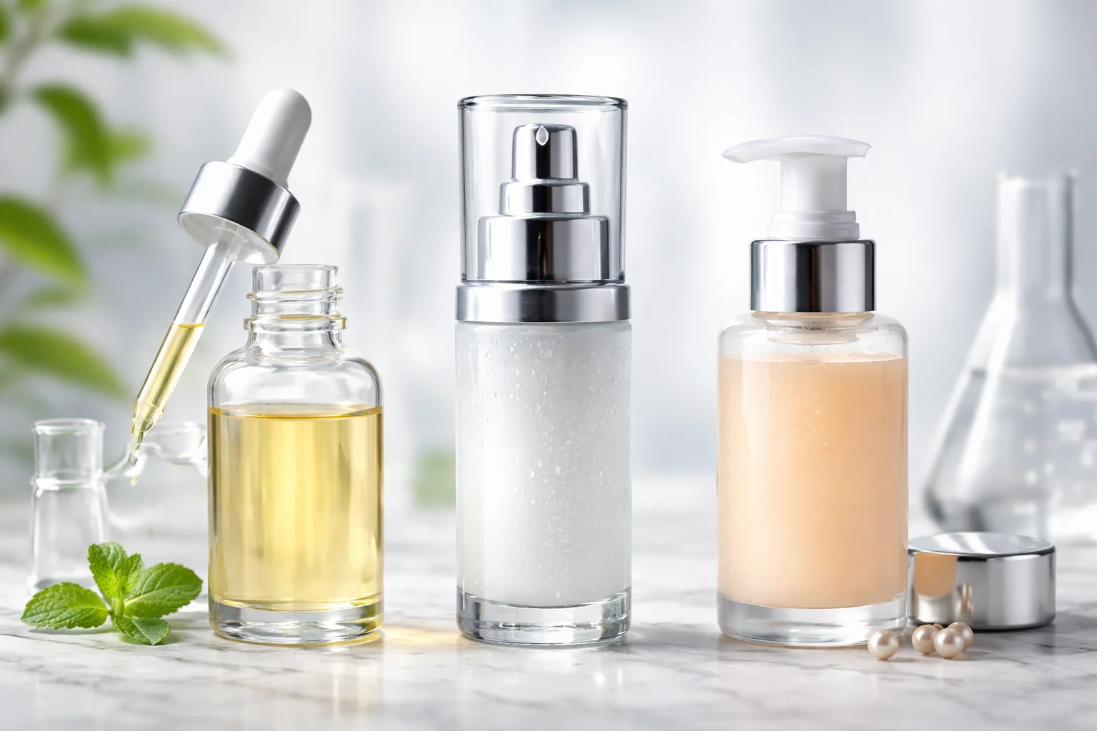 Different types of serum packaging like dropper, pump, and airless pump
