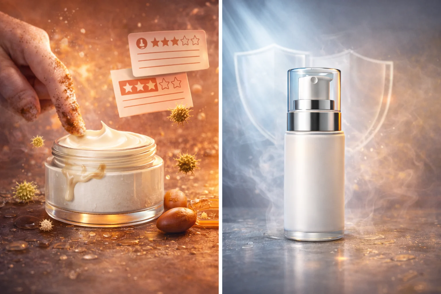 Jar Packaging vs. Airless Pumps skincare jars and airless pumps on a shelf