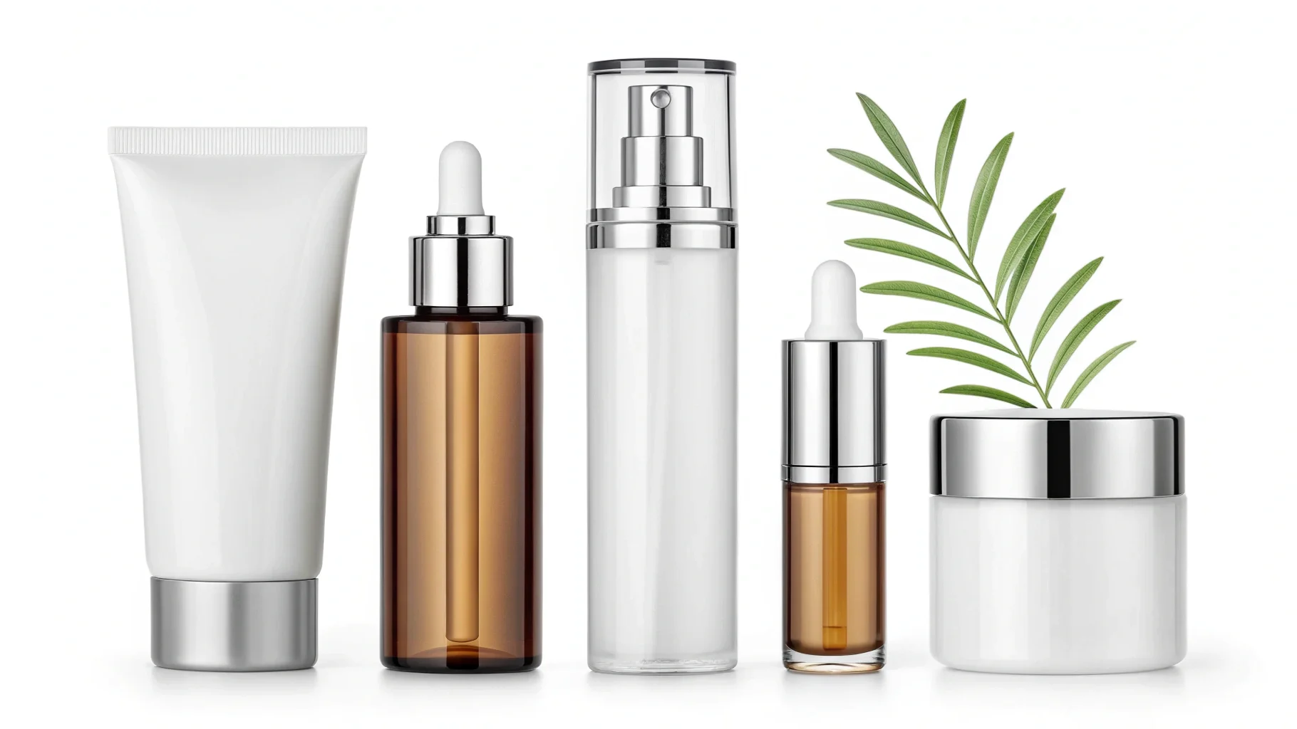an array of common skincare packaging like jars, tubes, and dropper bottles