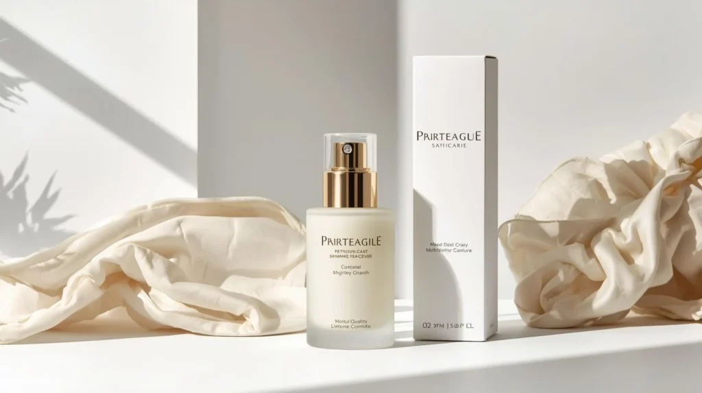 A skincare product bottle with a pump dispenser next to its box, surrounded by flowing fabric with soft shadows.