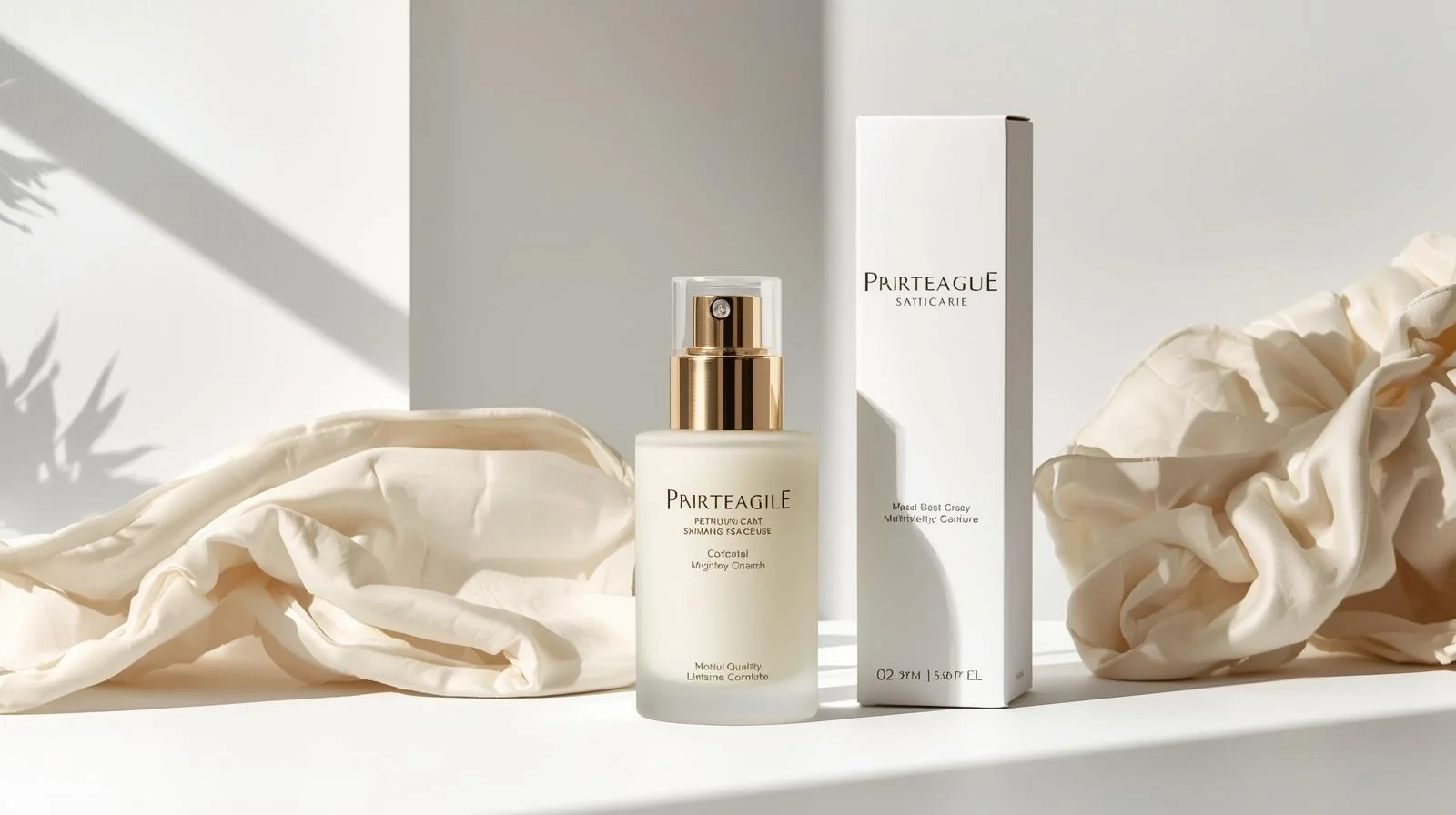 A skincare product bottle with a pump dispenser next to its box, surrounded by flowing fabric with soft shadows.