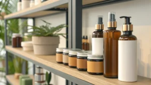 Various skincare bottles and jars with blank labels arranged on a wooden shelf. A small potted plant is visible in the background.