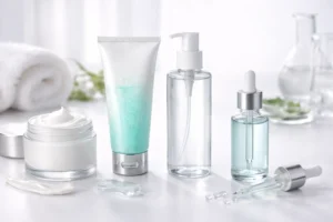 Various skincare products including a cream jar, tube, pump bottle, and dropper bottle on a white surface with soft lighting.
