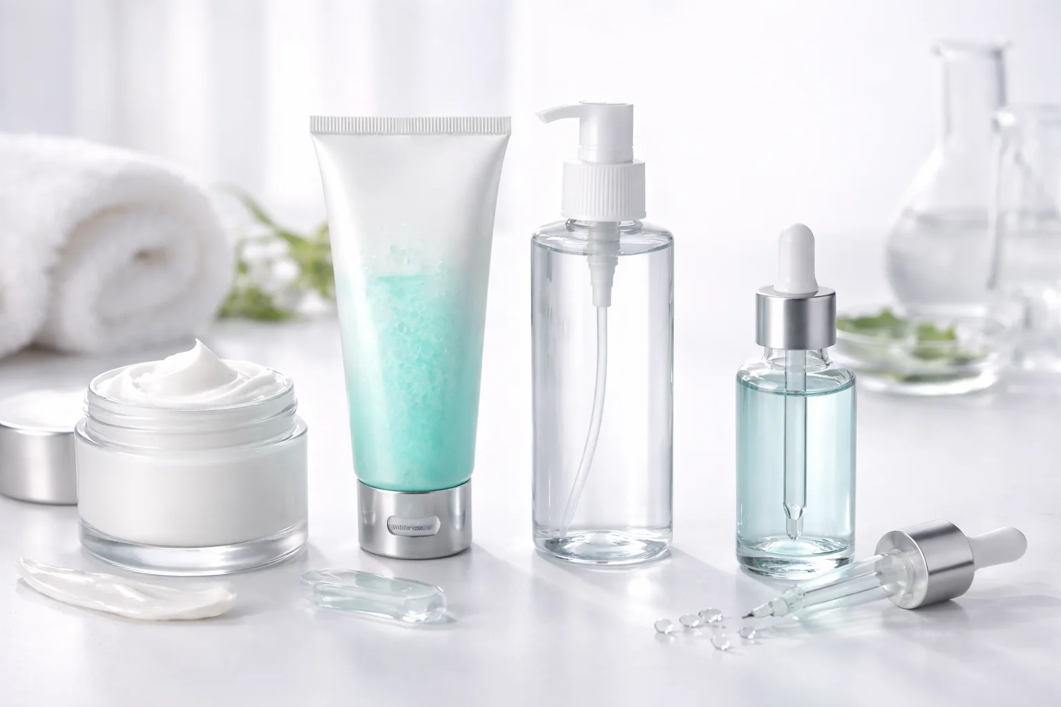 Common Cosmetic Packaging Formats jars, tubes, bottles, and airless pumps side-by-side