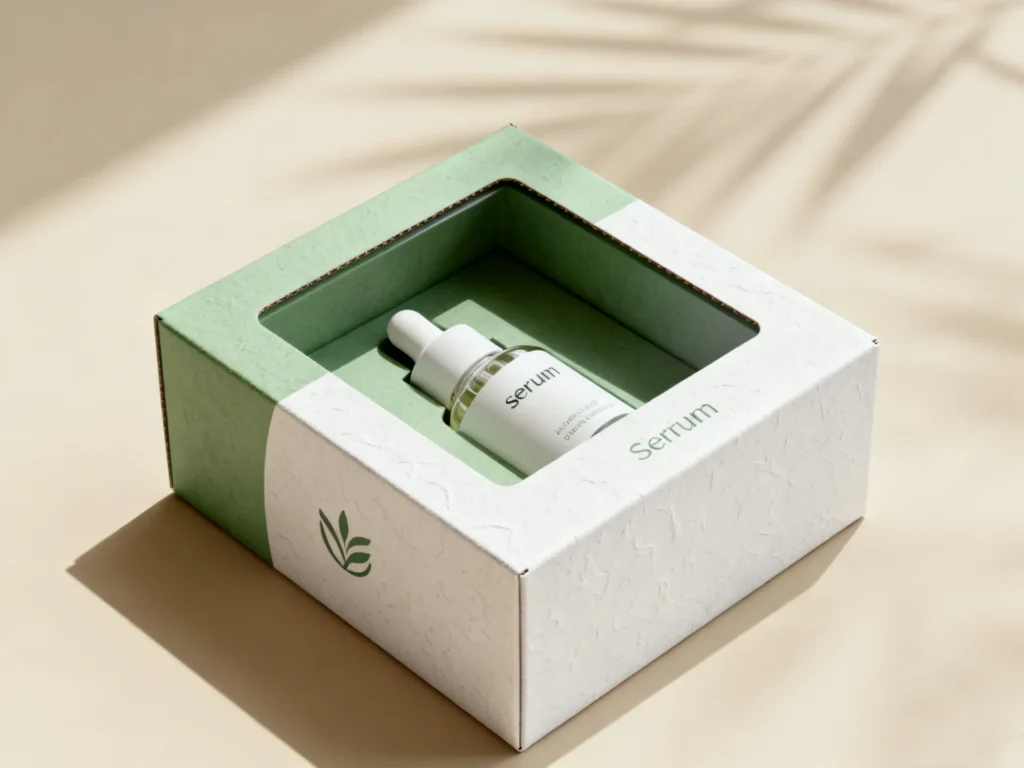 Skincare serum bottle inside a green and white eco-friendly box with a leaf design, placed on a beige surface with a shadow pattern.