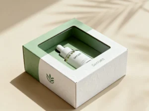 Skincare serum bottle inside a green and white eco-friendly box with a leaf design, placed on a beige surface with a shadow pattern.