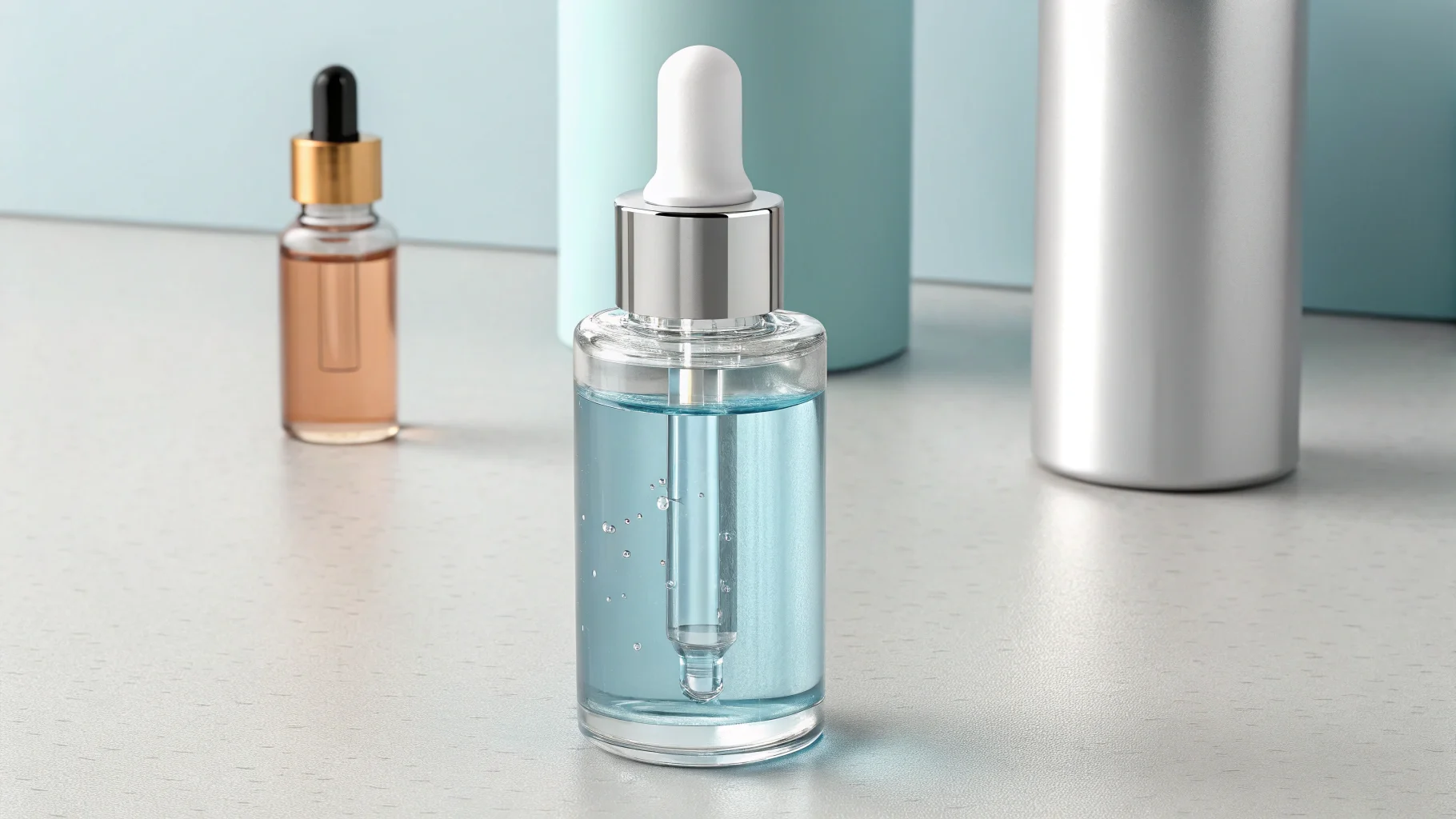 A collection of different serum bottles and droppers