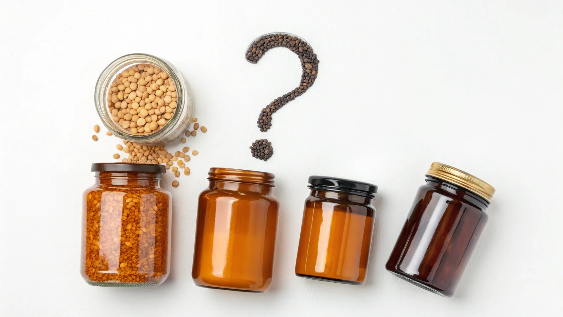 FAQ Amber Glass Jars A person looking thoughtfully at an amber jar with question marks floating around