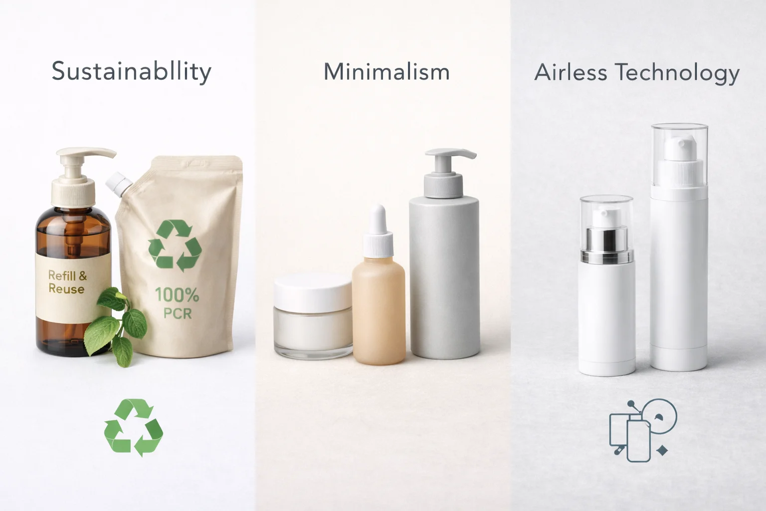 Cosmetic Packaging Trends Modern and minimalist cosmetic products on a shelf