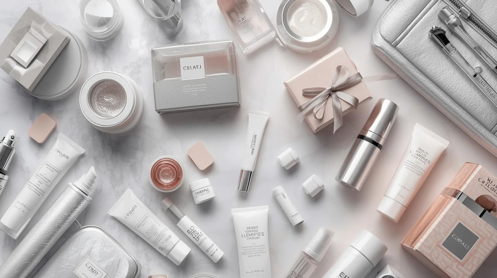 A collection of modern cosmetic packaging components on a clean background