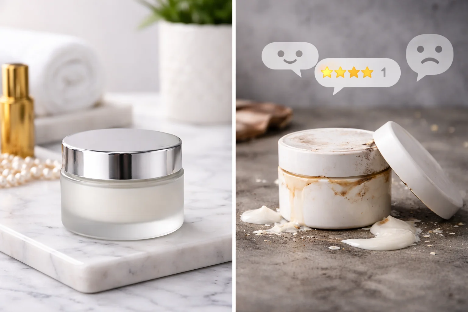 A premium cosmetic jar next to a generic one