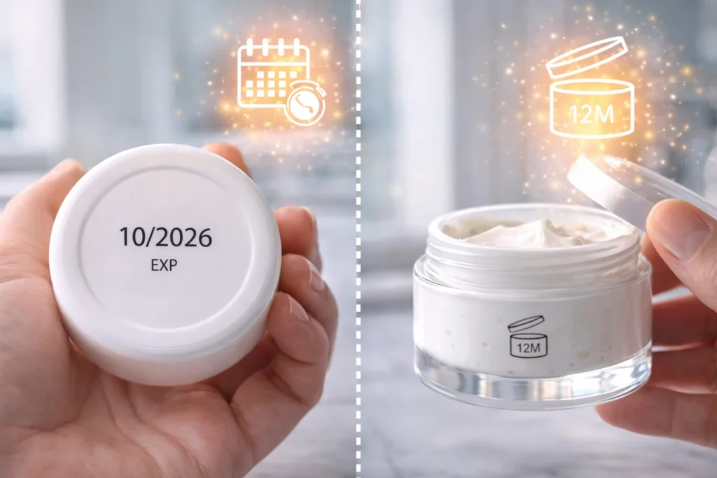 Two images side by side showing a cosmetic jar's expiration date and open jar symbol indicating 12-month shelf life.