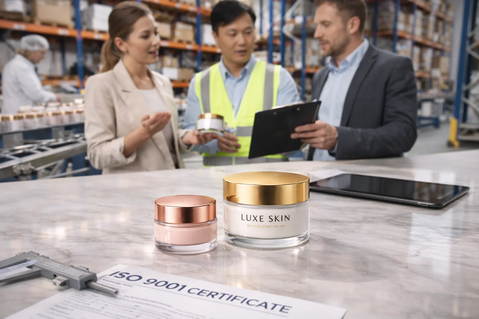 A handshake sealing a deal with a cosmetic jar supplier