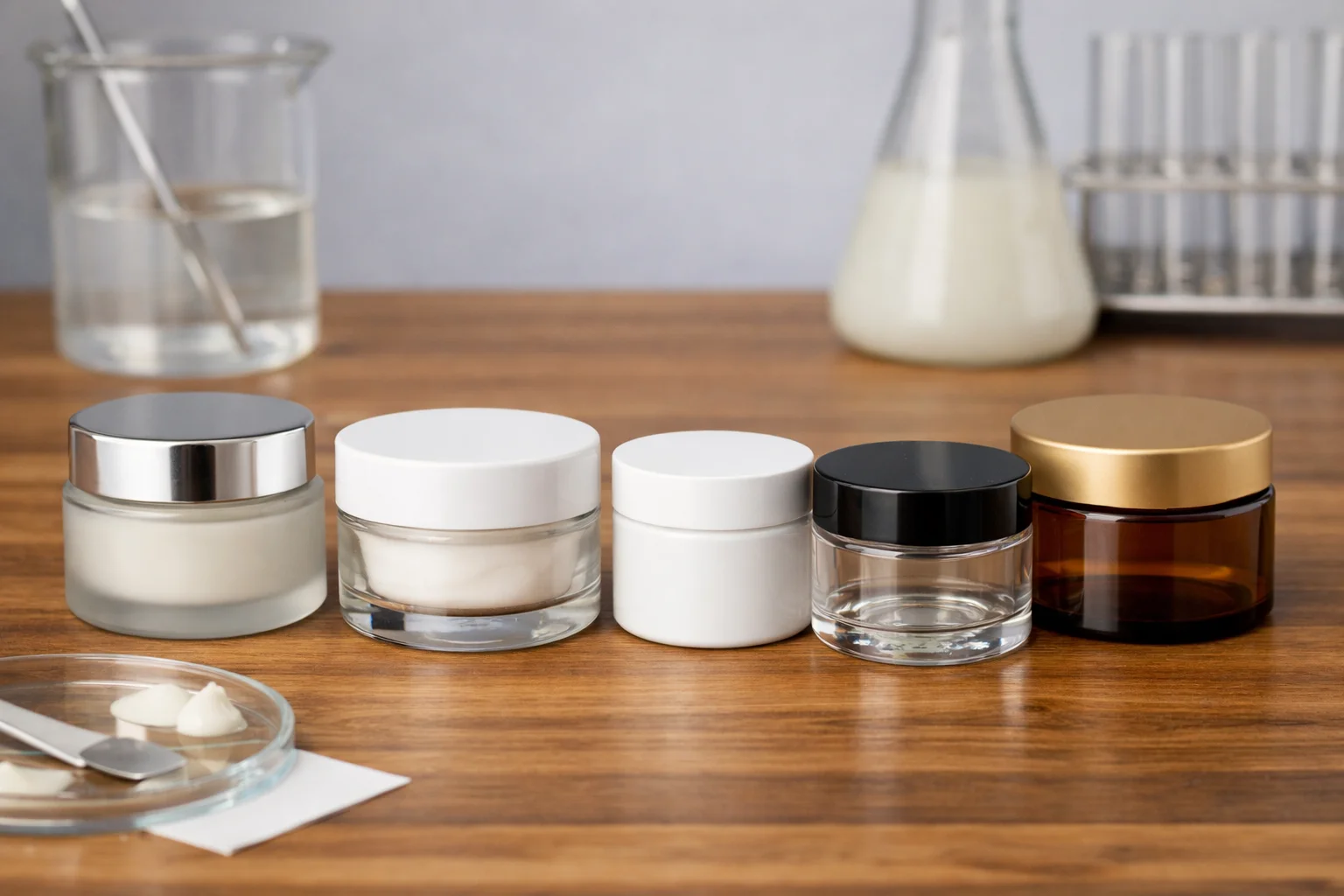 A collection of different cosmetic jars on a clean background
