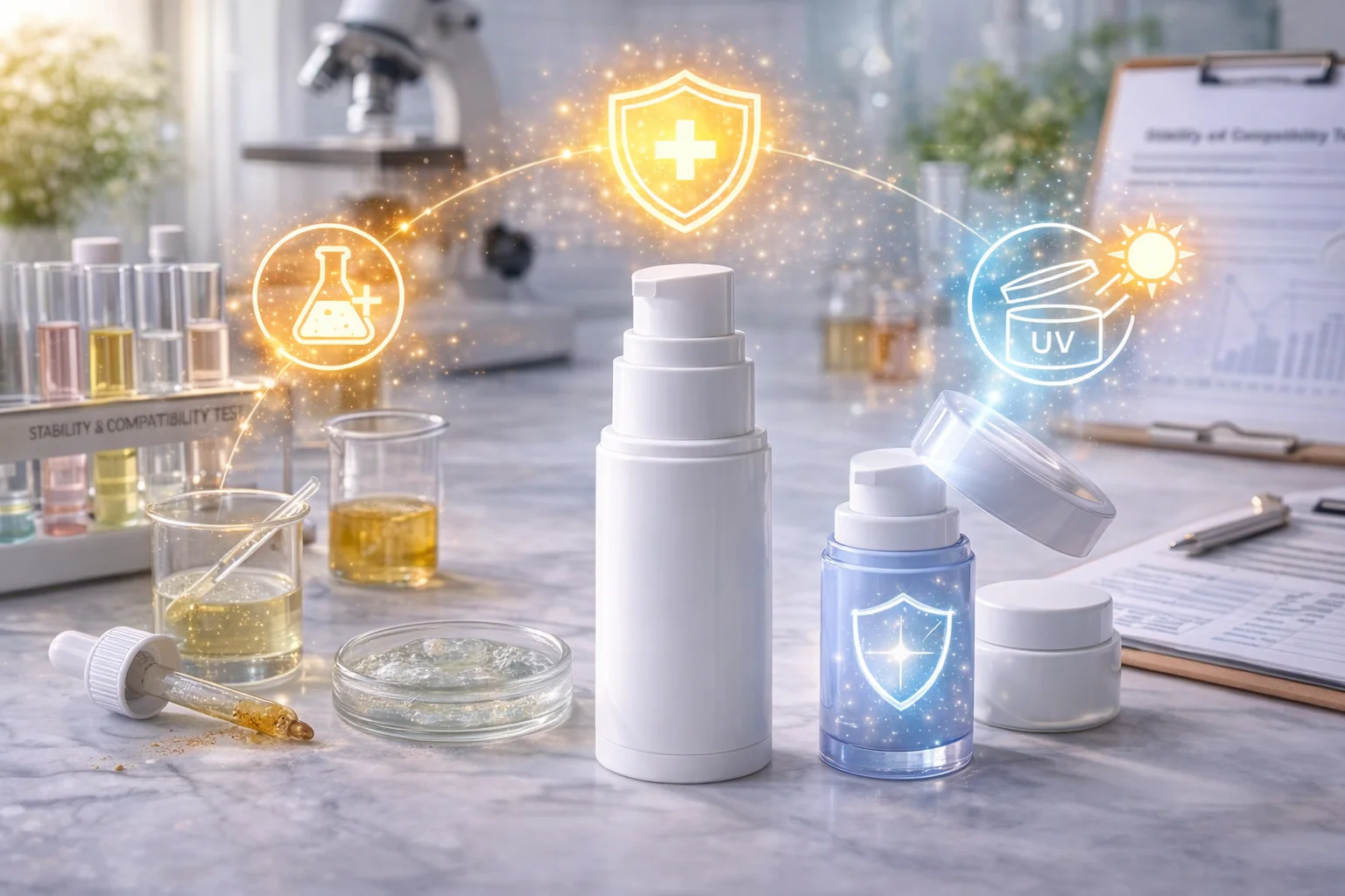 A lab technician conducting stability testing on cosmetic products in different packaging.