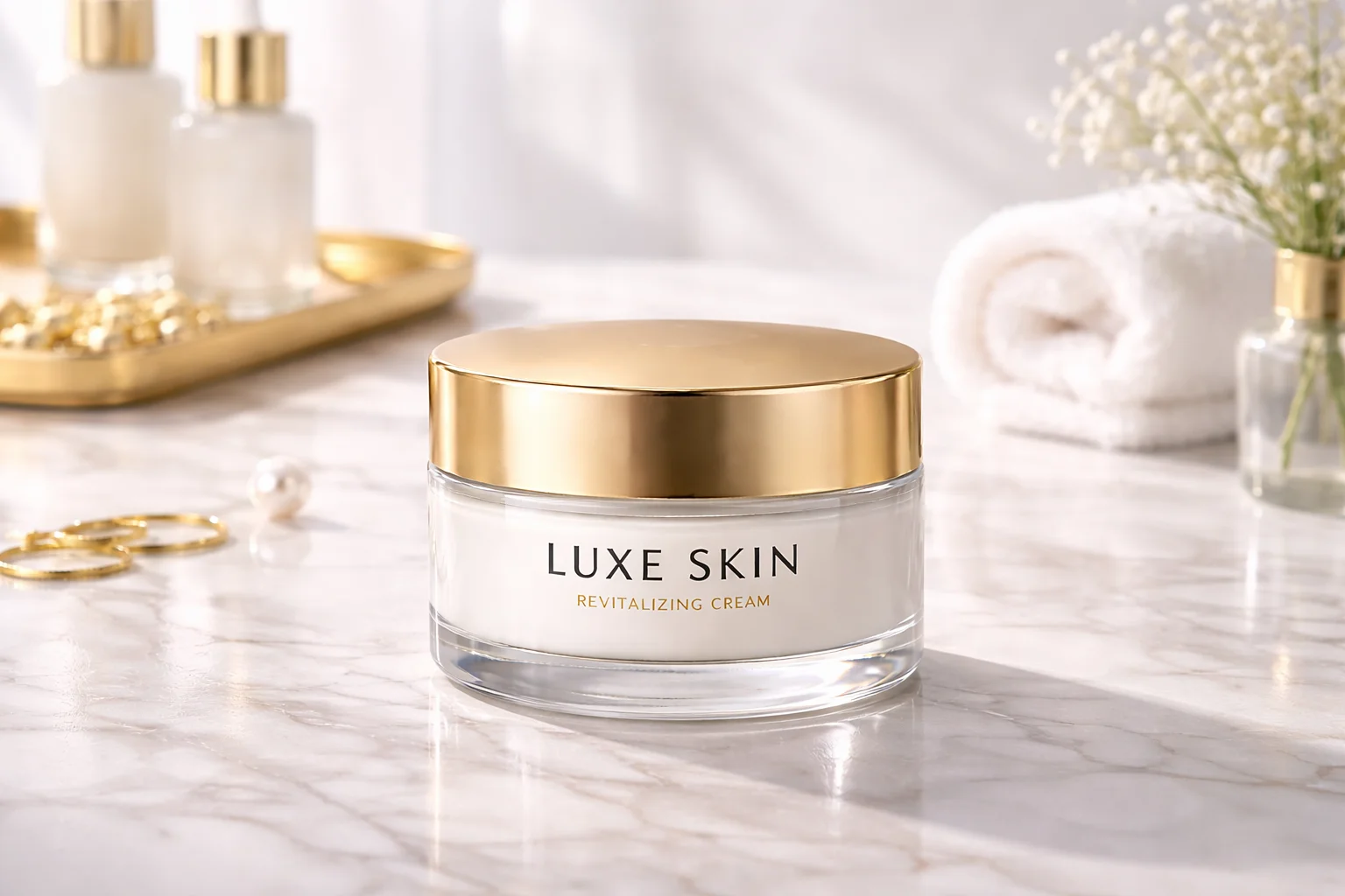 A minimalist, high-quality cosmetic jar on a pedestal