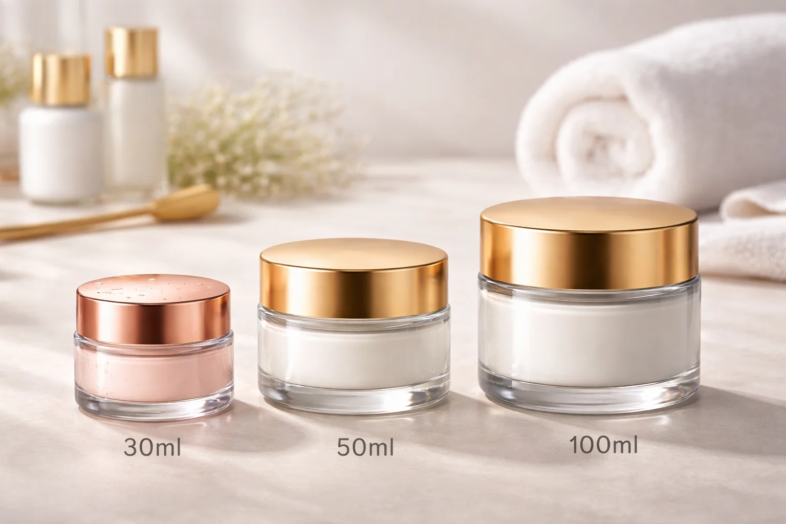 Three luxury cosmetic jars of sizes 30ml, 50ml, and 100ml with gold lids on a marble surface with a towel in the background.