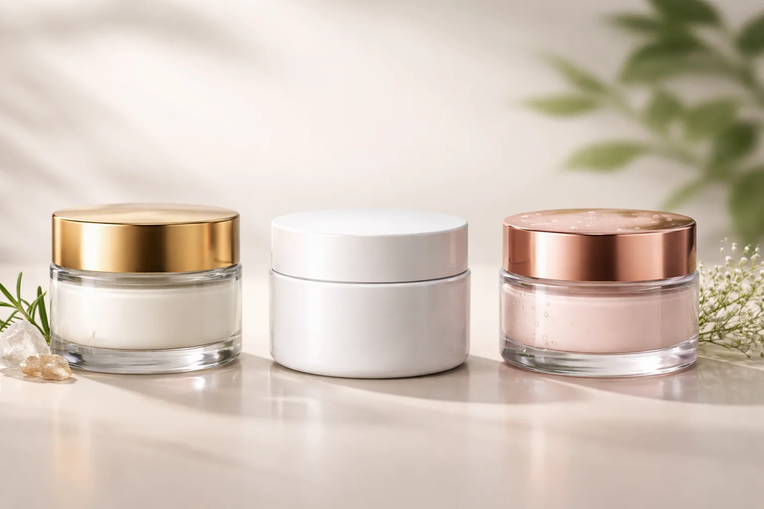 Side-by-side comparison of glass, PP, and PET cosmetic jars