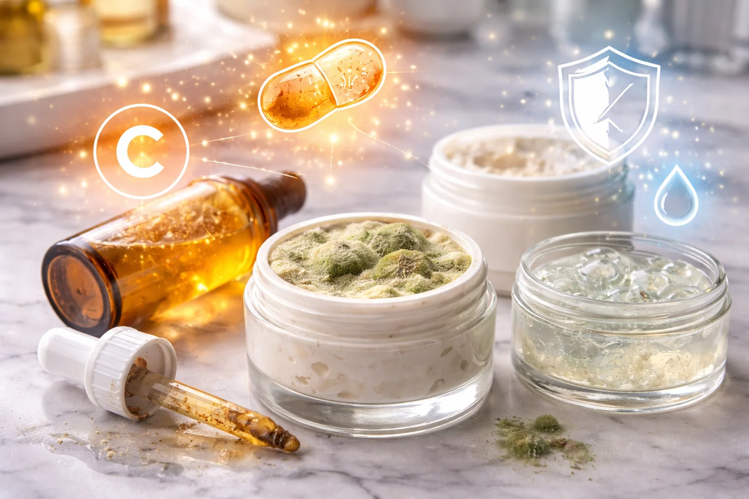 A bottle of Vitamin C serum showing signs of oxidation and color change.